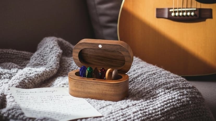 Onmiwod Guitar Pick Holder Set with 2 Color Wood Picks and 8 Celluloid Picks in 3 Thicknesses, Wooden Guitar Pick Case, Mini Jewelry Box, Guitar Music Accessories Gifts for Guitar Lover Player B0FMS2J7FV