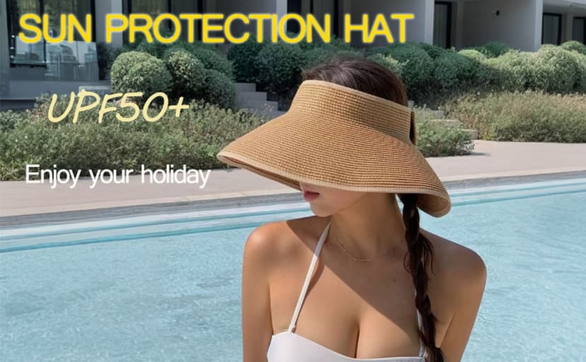 Rosoz Women's Sun Visor Hats Wide Brim Straw Beach Hat Ponytail Hats for Women Foldable Floppy