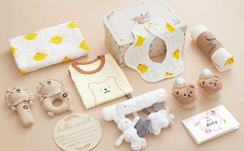 Golray 9pcs Newborn Baby Gift Baskets for Boys Girls Baby Shower, 2 Rattle/Seat Hang Toy/Blanket/Bodysuit/Bib/ 3D Socks/Wood Milestone/Carry Box, Neutral New Born Essential Stuff Unisex Baby Gifts Boy B0DL9ZDMC1