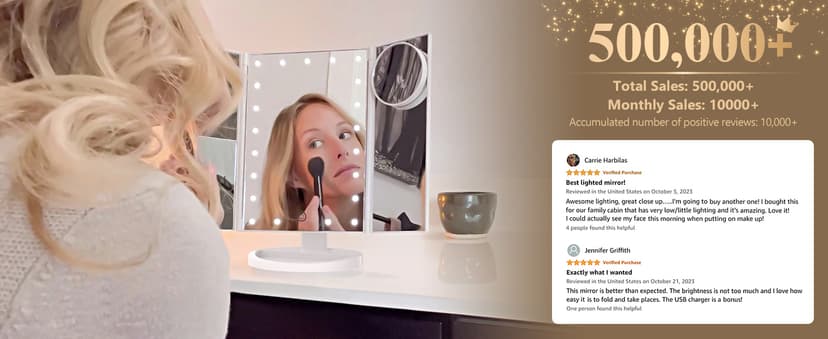 HUONUL Makeup Mirror Vanity Mirror with Lights, 2X, 3X, 10X Magnification, Touch Control, Trifold, White, 9.4" L x 13.4" W, Modern Style, Dresser Mount, Bathroom