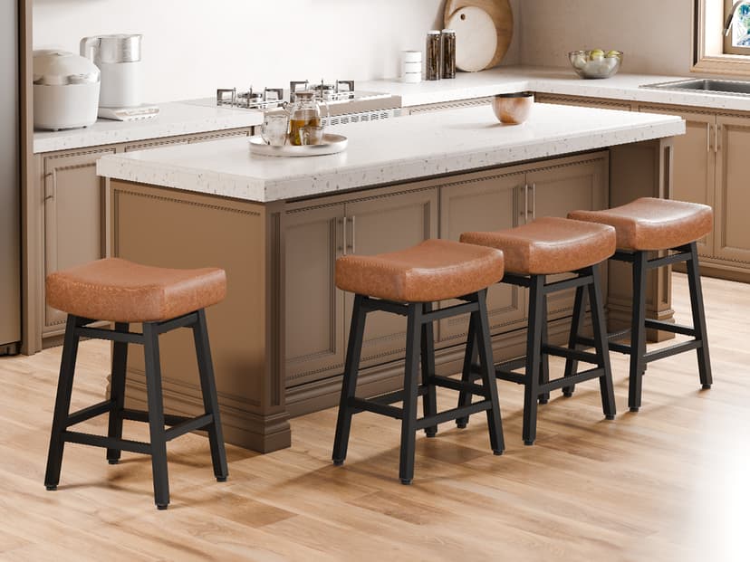 Counter Height Bar Stools Set of 2, 24 Inch Backless BarStools for Kitchen Island Leather Saddle Bar Chairs Kitchen Stools with 4" Thick Seats & Heavy Duty Metal Base, Black