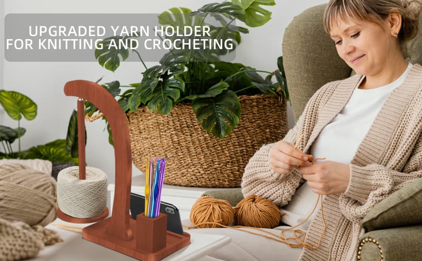 Upgraded Yarn Holder for Crocheting,Wooden Crochet Yarn Holder Magnetic Rotation Yarn Spinner with Crochet Accessories Storage and Phone Stand,Yarn Ball Holder Crochet Gift for Knitting Lovers