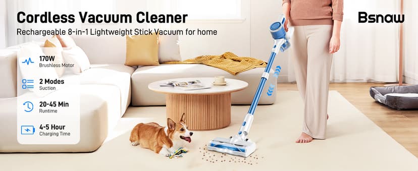 BSNAW Cordless Vacuum Cleaner for Home - Lightweight, Stick Vacuum Clean with Rechargeable Battery, Max 45Mins Runtime, 8 in 1 Handheld Vacuum for Hardfloor & Carpets Pet Hair, Blue&White