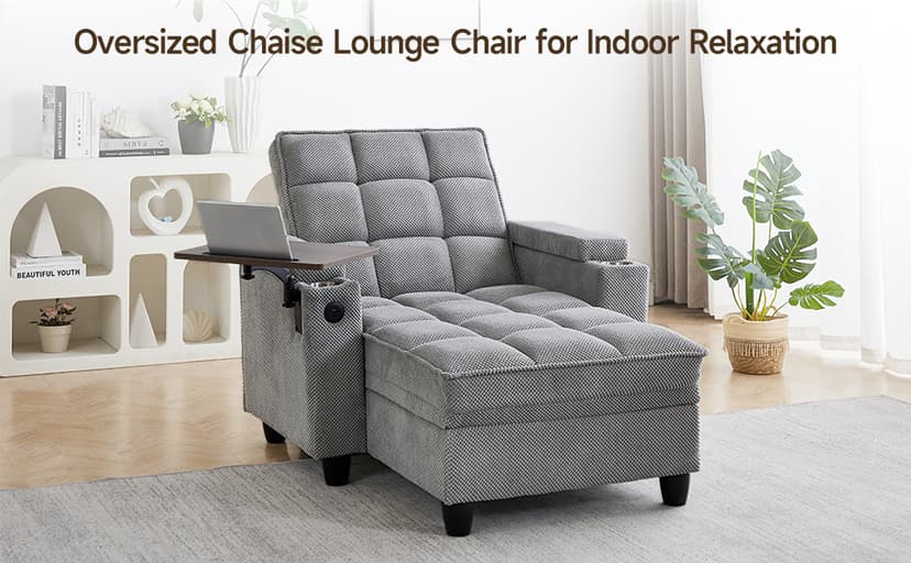 41.7" Oversized Chaise Lounge Chair Indoor, Boucle Upholstered Sofa Bed with Adjustable Backrest, Deep Seat Reading Chair, Sofas Couches for Living Room, Storage, Cup Holders & 360° Swivel Side Table