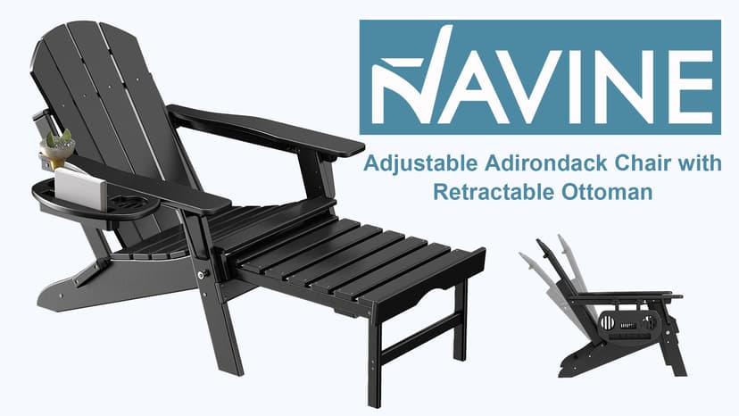 NAVINE Adjustable Adirondack Chair with Retractable Ottoman Set of 2, HDPE Folding Adirondack Chair with Cup Holder, All Weather Fire Pit Chair for Outdoor.