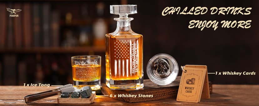 PONPUR Whiskey Decanter Engraved We The People American Flag, 750ml Whiskey Decanter Set with 2 Glasses, Christmas Boss Day Patriotic Birthday Gifts For Men Dad, Liquor Scotch Bourbon Presents