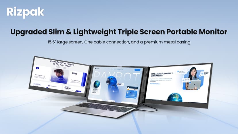 One Cable Laptop Screen Extender, 15.6” Ultra-Slim Triple Portable Monitor, 1080P FHD IPS Display, USB-C/USB-A Connection, Travel Monitor for 13–17.3" Laptops, MacOS/Windows/Android