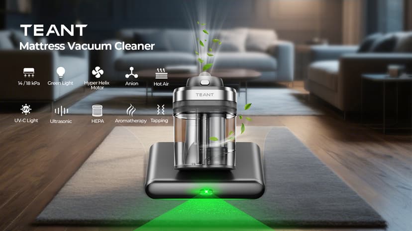 Powerful Mattress Bed Vacuum Cleaner, 2-Speed (14kPa/18kPa) Mattress Vacuum with Green Light Dust Detection, 253.7nm UV-C Light, LED Display, HEPA Filter, 149℉ Heat, Aroma for Bed Couch Carpet