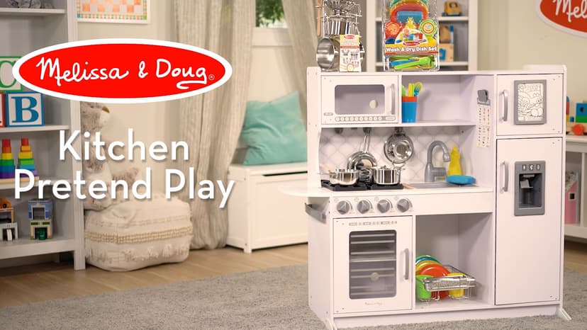Melissa & Doug Wooden Chef’s Pretend Play Toy Kitchen with “Ice” Cube Dispenser – Cloud White, Kids Kitchen Play Set, for Toddlers and Kids Ages 3+ - FSC Certified