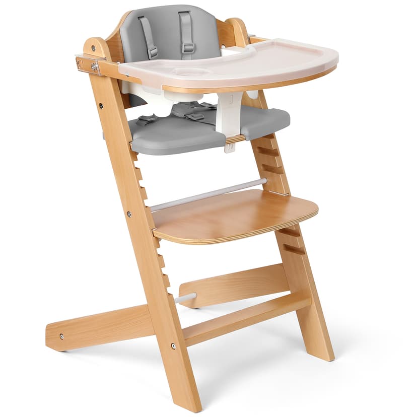 Cowiewie 3-in-1 Convertible Natural Wooden High Chair for Babies & Toddlers 3-Tier Remove & 2 Adjustable Wood Tray & 8 Levels Adjustable, 2 Waterproof Cozy Cushions Grey