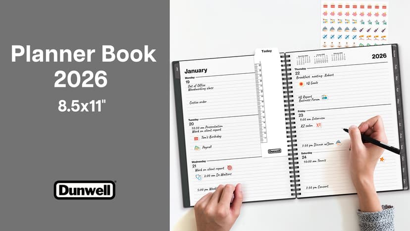 Dunwell 2026 Planner Book 8.5x11, Weekly Monthly Calendar, Jan to Dec, Large Daily Organizer with Laminated Tabs, Bookmark, Notes Section & Stickers