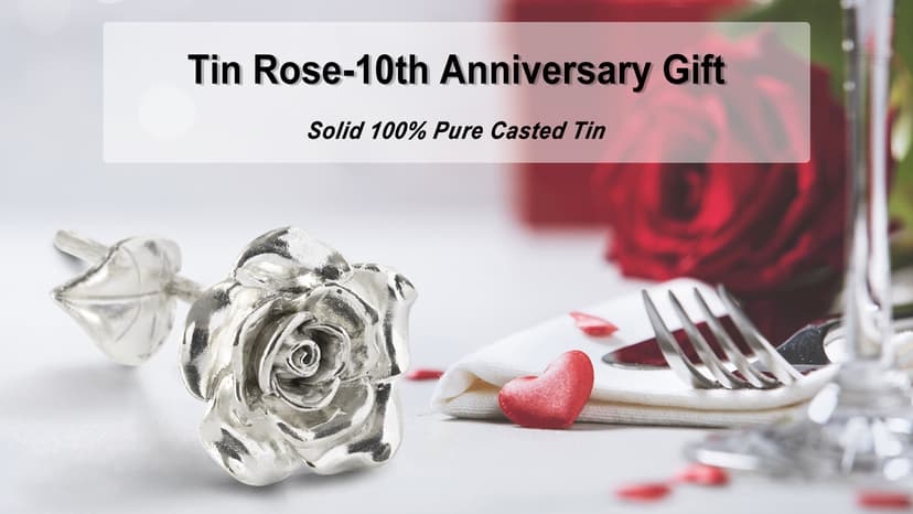 Tin Rose 10th Anniversary for Her Gift - Tin Gift 10 Year Wedding Anniversary for Wife Couples, Solid Pure Casted Everlasting Rose Tenth Decoration Aluminum for Him