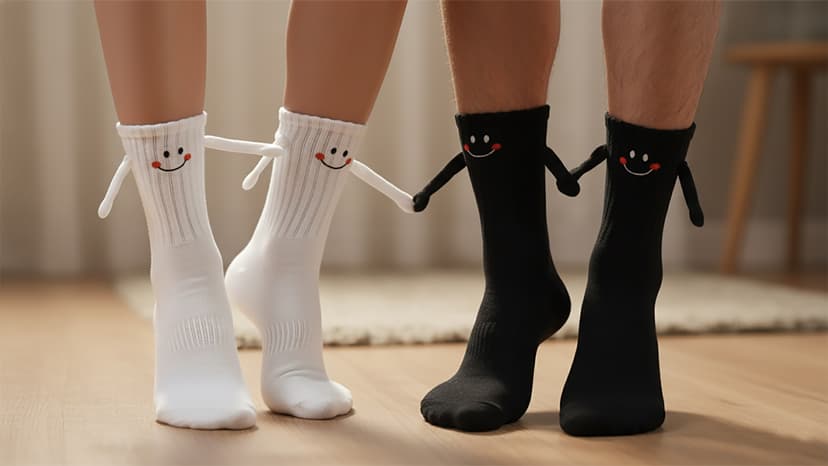 Soft cotton blend, funny 3D holding hands design. Perfect novelty matching socks gift for couples, lovers, and friends. Magnetic Holding Hands Socks for Couples, Cute Novelty Crew Socks B0DJR45VXM