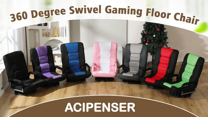 Swivel Gaming Chair Multipurpose Floor Gaming Chair for Playing Video Games, TV, Reading w/Armrest Lumbar Support & 6 Adjustable Postion Backrest for Adults, Black