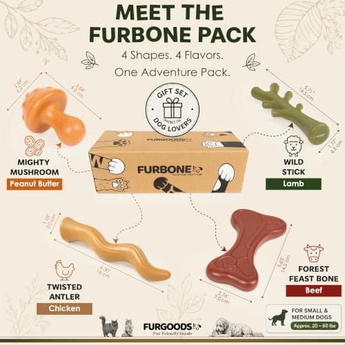 4 shapes and flavors: peanut butter, lamb, chicken, beef; long lasting chews for puppies and adult dogs, gift ready box FURBONE Flavored Nylon Dog Chew Toys 4 Pack, Bones for Small & Medium Dogs B0FQC6RNZM