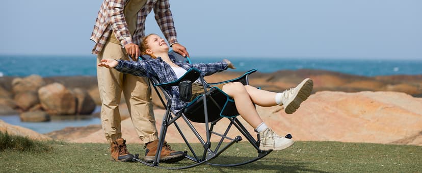 FUNDANGO Oversized Rocking Camping Chair for Adults, Portable Folding Lawn Chairs for Outside with Pillows, Wide Armrest, 2 Cup Holders, Carry Bag for Patio Garden Outdoor Supports 400Lbs (Black/Blue)