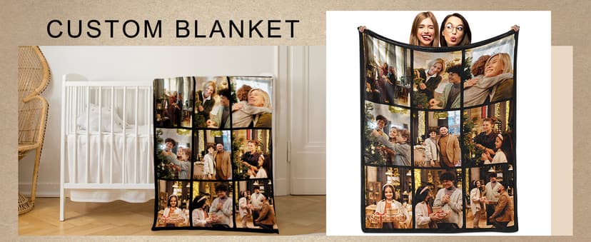 Yoke Style Ships Next Day, Custom Blanket with Picture, Personalized Throw Photo Blankets Customized Photo Gifts for Mom Dad Women Family - 9 Photos