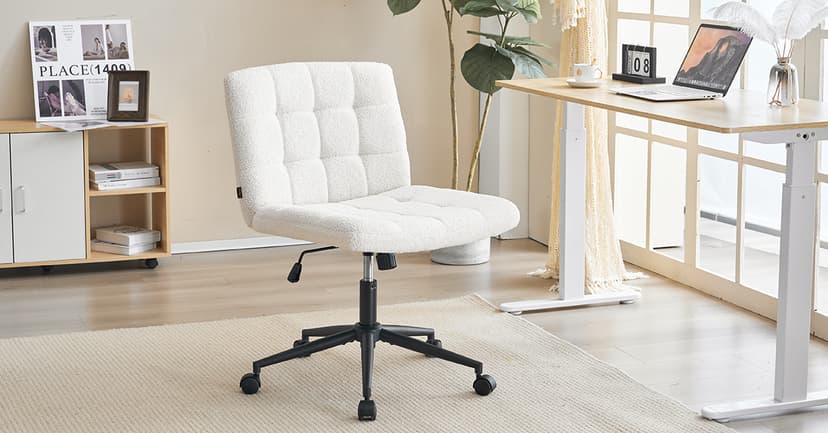 Furnimart Swivel Criss Cross Legged Chair with Wheels for Home Office, Wide Armless Desk Chair Height Adjustable Comfy Seat for Desk,Vanity, Bedroom, Faux Fur White