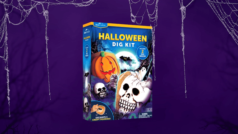 Blue Marble Halloween Dig Kit – Excavation Set with Skull & Pumpkin Dig Bricks, Includes Ghost, Mummy, Bat & Skull Figures, for Kids, Boo Basket Stuffers, Hands-On Activity