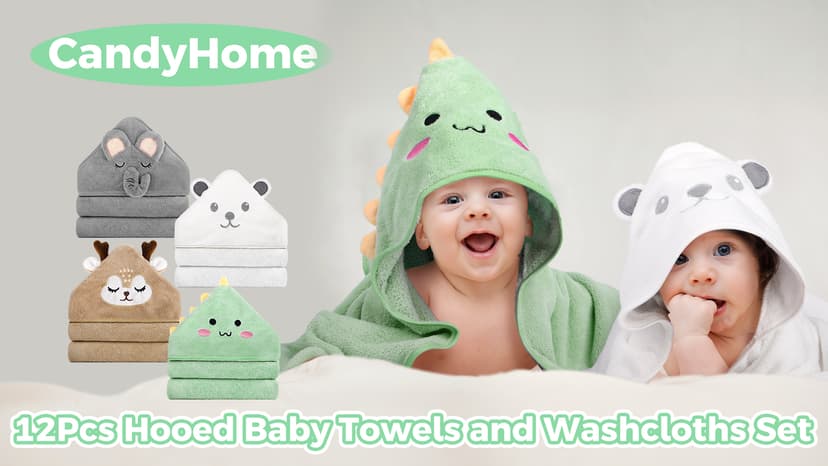 4 PCS Baby Towels & 8 PCS Washcloths Set, Cute Animal Hooded, Ultra Absorbent & Soft, Newborn Shower Gifts for Boys & Girls 12 PCS Baby Bath Towels Set for Infants Toddlers Essentials B0F3JC4GWM