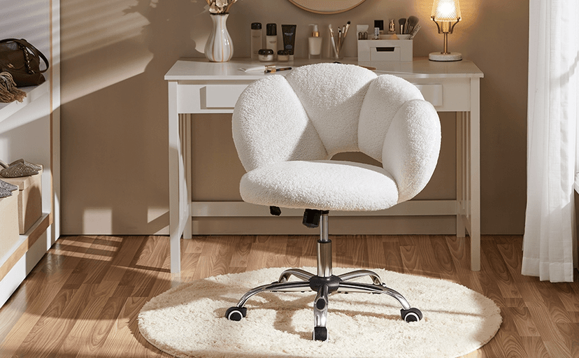 Yaheetech Boucle Upholstered Desk Chair Cloud-Shaped Vanity Chair Adjustable Home Office Computer with Rolling Wheels for Living Room, Bedroom White