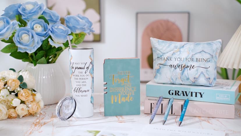 Domensi 6 Pcs Employee Appreciation Gift Set for Women Female Christmas Thank You Gift May You Be Proud 20 oz Rustic Marble Sign Tumbler Makeup Bag Journal for Teacher Nurse Lady Work Business(Blue)