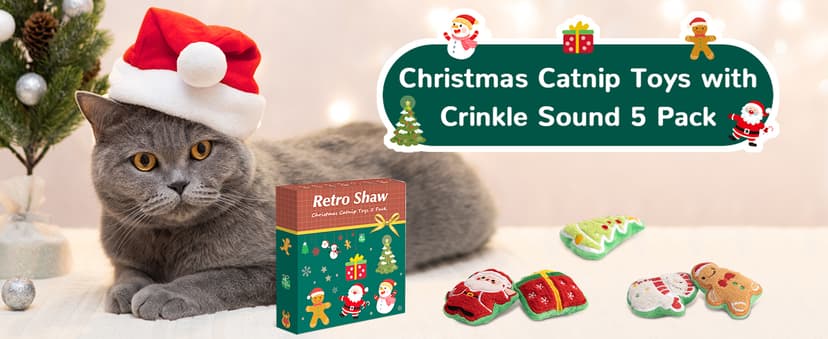 Retro Shaw Christmas Cat Toys, Xmas Catnip Toys for Indoor Cats Kitten Teeth Cleaning, Crinkly Interactive Cat Chew Nip Kitty Kicker Toy Santa Claus Trees Snowman, 5 Pack