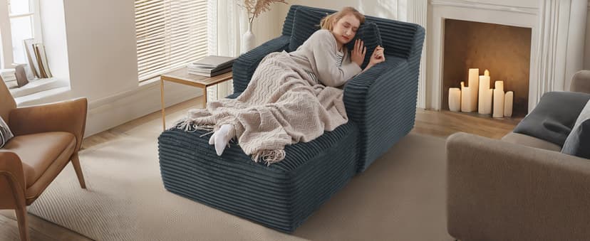 65.4" Chaise Lounge Chair Indoor, Corduroy Oversized Boneless Lounge Chair Single Sofa Bed with 3 Pillows, Deep Seat Comfy Upholstered Reading Chair for Living Room, Bedroom, Apartment Beige