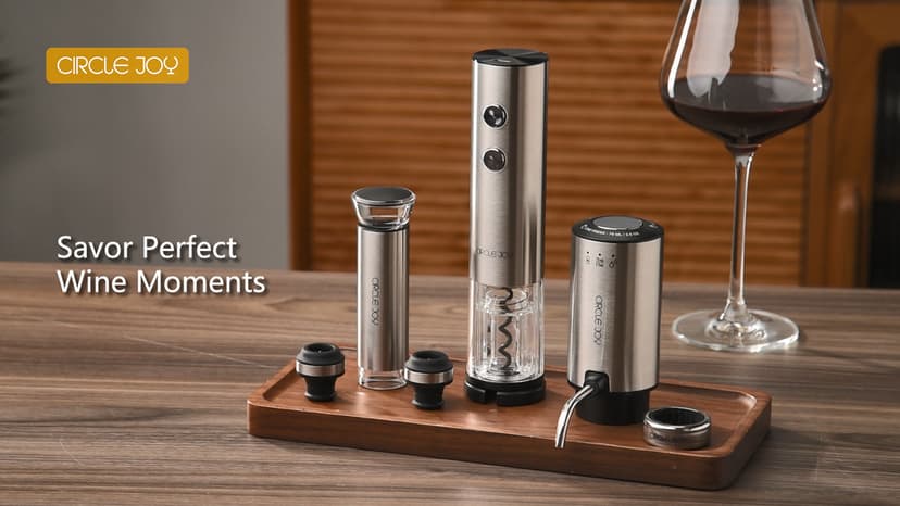 CIRCLE JOY Rechargeable Electric Wine Opener Set 8-in-1 Stainless Steel Automatic Wine Bottle Opener Gift Set w/Electric Wine Aerator Pourer, Foil Cutter, Wine Drip Ring, Vacuum Pump & 2 Wine Stoppers