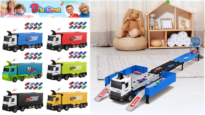 Carrier Truck Race Track Toddlers Toys, Foldable 3 Layer Track Playset, Toy Truck Transport Car Carrier & 8 Race Cars, Truck Car Kids Toys Xmas Gifts for Age 3 4 5 6+ Years Old Boys Girls
