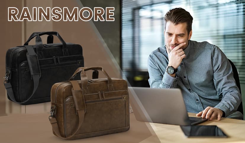 RAINSMORE Mens Laptop Bag 16 Inch Leather Briefcase Vintage Messenger Bag for Men Large Crossbody Shoulder Office Computer Bag Retro College Satchel Bag for Work, Business,Travel, Brown