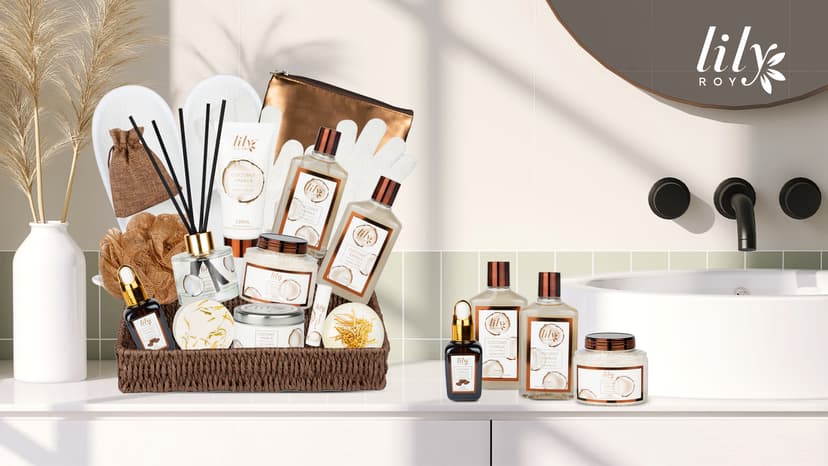 Bath and Body Gift Basket Set for Women - Coconut Vanilla Christmas Gifts for Women, Spa Gift Basket 17-Piece Bath Gift Set Self Care Gifts for Mothers Day, Fathers Day, Birthday Gifts for Her & Him