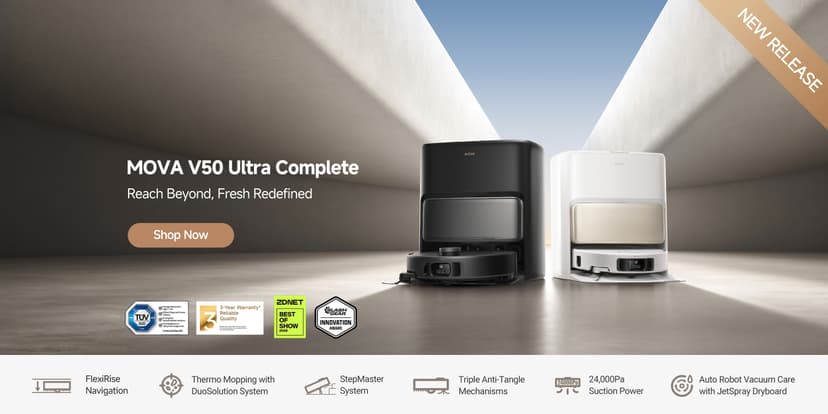 Mova V50 Ultra Complete Robot Vacuum and Mop Self-Cleaning, 24,000 Pa Suction, Liftable Navigation with Obstacle Overcoming and Warm Water Mopping with DuoSolution System Designed for Pets, Black