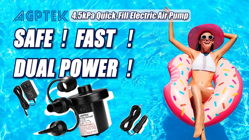 AGPTEK Electric Air Pump,Portable Air Pump with 3 Nozzles, 4.5kPa Quick-Fill,110V AC/12V DC Inflator/Deflator Pumps for Outdoor Camping, Inflatable Air Mattress Beds, Boats, Swimming Ring