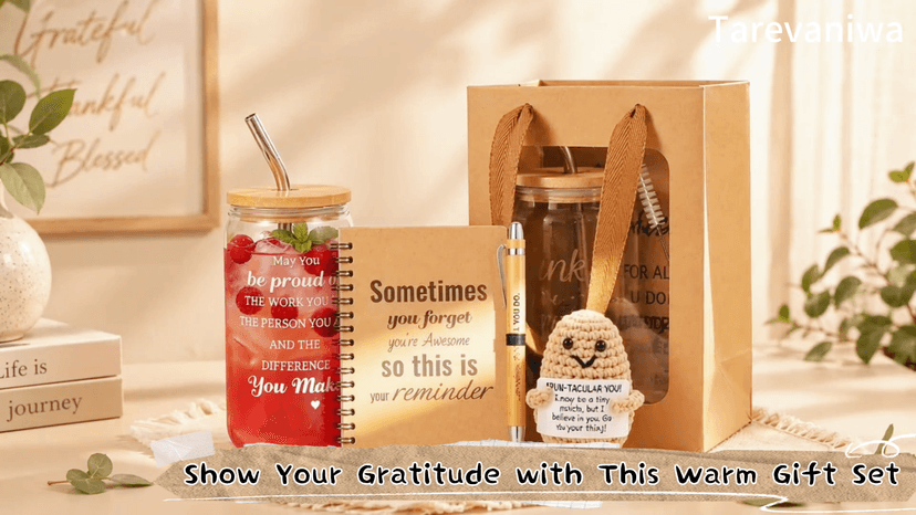42 Pcs/6 Sets Employee Appreciation Gifts Bulk - Includes 16oz Glass Cups with Bamboo Lid, Positive Crochet, Inspirational Notebooks with Pens, Kraft Paper Gift Bags & Straw - Thank You Gifts for Coworkers, Teachers, Staff & Team B0G5MPS7K6
