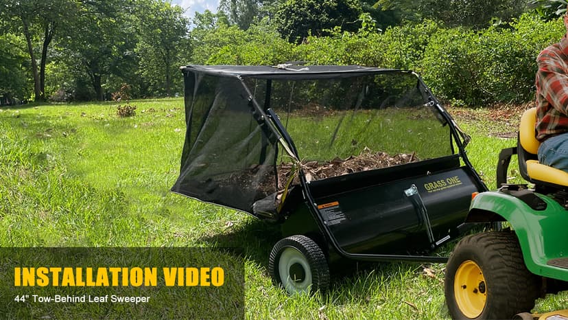Grass One 44 Inch Tow-Behind Lawn Sweeper with 25 Cu.Ft Hopper Bag, Adjustable Brush Height & Easy Dump-from-Seat – Picks Up Leaves, Grass & Yard Debris, Garden Gift
