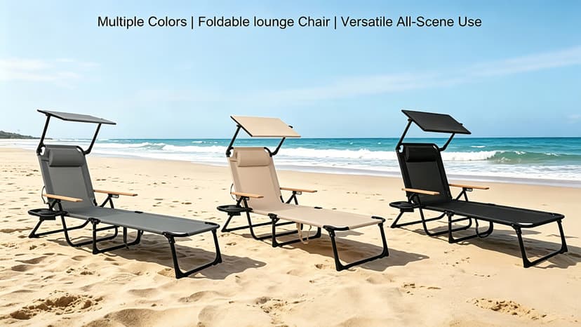 Folding Lounge Chair with Canopy, Tanning Chair with 4-Position Reclining Back, Folding Sun Lounger, Outdoor Lounge Chair for Beach, Poolside, Backyard, Camping, UPF 50+ Sun Shade, 300 LBS
