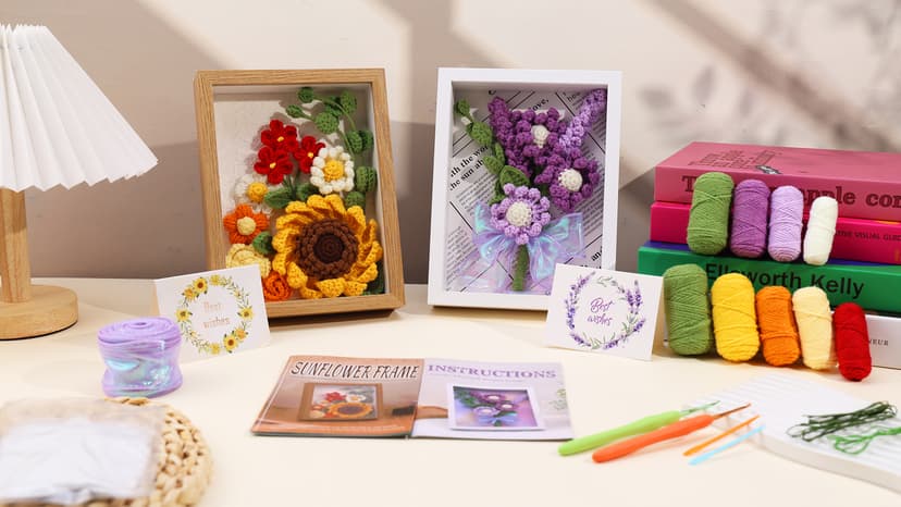 IMZAY Sunflower Crochet Kit with Photo Frame, Sunflower Knitting Weaving Set with Yarn, Hooks, Instruction, Stitching Markers, Fiber Fill, Floral Wire, Crochet Set for Mother's Day, Thanksgiving Day