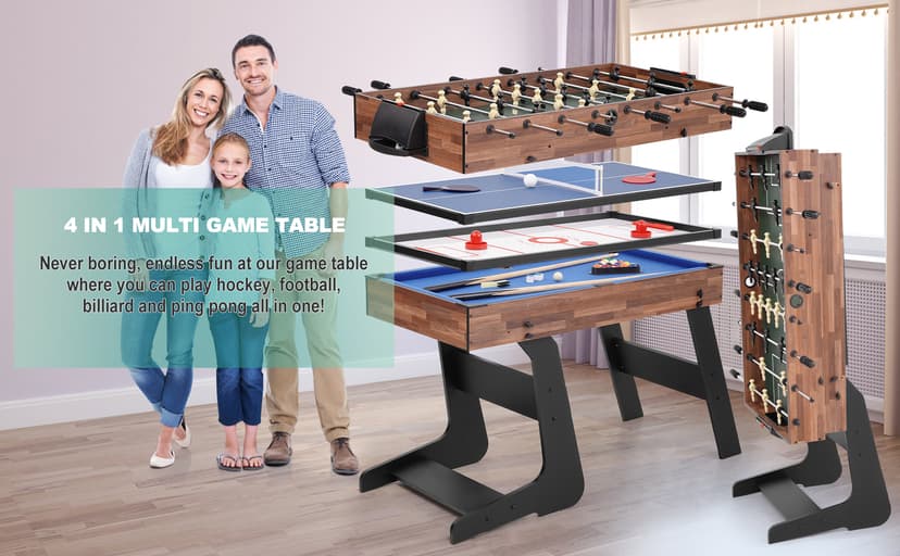 RAYKEEP Foldable Multi Game Table, 4-in-1 Combo Game Table Set with Ping Pong, Hockey, Pool Billiards and Foosball for Adults, Home, Game Room, Friends & Family