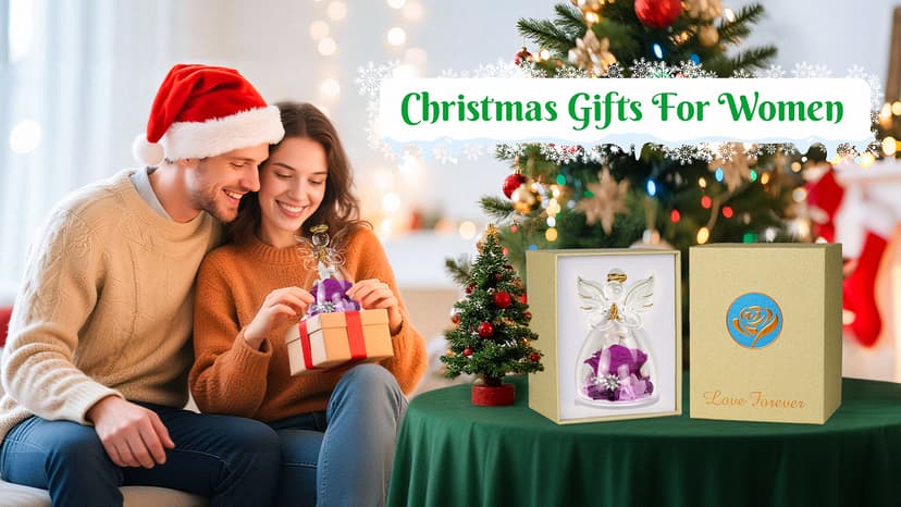 Christmas Rose Gifts for Women,Fresh Flowers for Delivery,Birthday Gifts for Women Mom,Preserved Flowers in Glass Angel Figurine,Angel Christmas Rose Gift for Grandma,Purple Gift Valentines