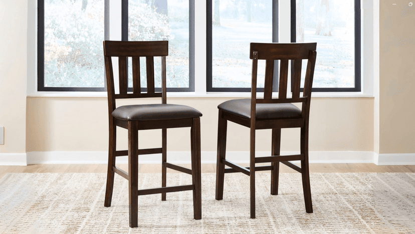 Signature Design by Ashley Haddigan Upholstered Barstool, 2 Count, Slat Back Design, Cushioned Seat, Wood, 25.5" H, Dark Brown