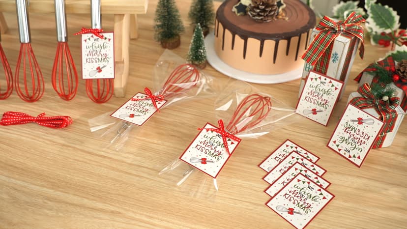 Nuogo 6 Sets Christmas Whisk Baking Supplies Gifts Christmas Neighbor Gifts Includes 8 Inch Stainless Steel Whisk,Greeting Cards,Ribbons,Plastic Bags for Home Cooking Supplies Xmas Stocking Stuffers