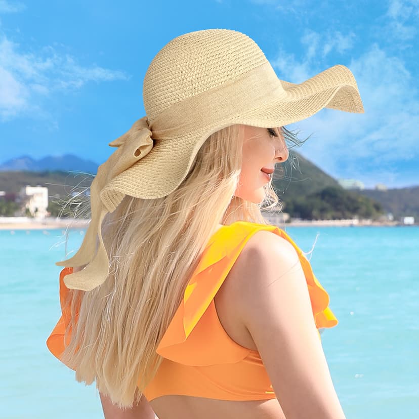 Pleneal Beach Sun Straw Hats for Women, UPF 50+ UV Sun Protection Wide Brim Summer Straw Hat Foldable Packable Roll up Cap