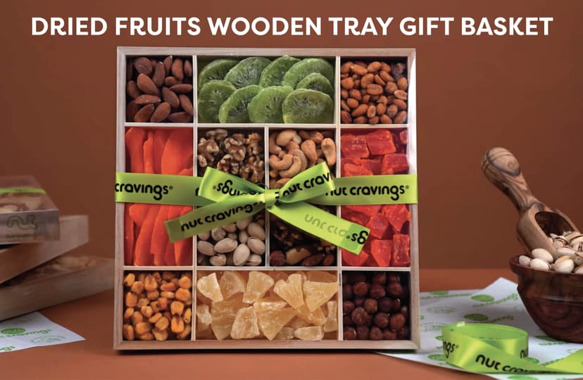 NUT CRAVINGS - Holiday Christmas Dried Fruit & Mixed Nuts Gift Basket in Reusable Wooden Tray + Ribbon (12 Assortments) Xmas Treats for Adults, Food Arrangement, Healthy Snack Care Package, Kosher