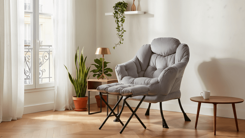 Lazy Chair with Ottoman, Comfy Accent Lounge Chair with Side Pocket, Modern Reading Armchair with Footrest, Upholstered Sofa Chair for Small Spaces, Bedroom, Living Room, Dorm, Darkgrey