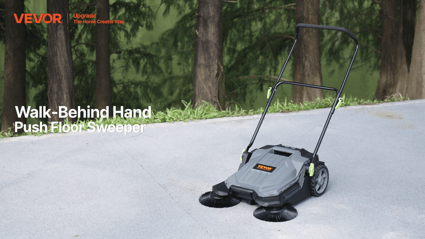 VEVOR Walk-Behind Hand Push Floor Sweeper, 25.6" Sweeping Width Floor Sweeper Manual Non-Electric, 5-Gallon Waste Container, Angle & Height Adjustable Folding Handle for Walkway, Yard, Garage, Patio