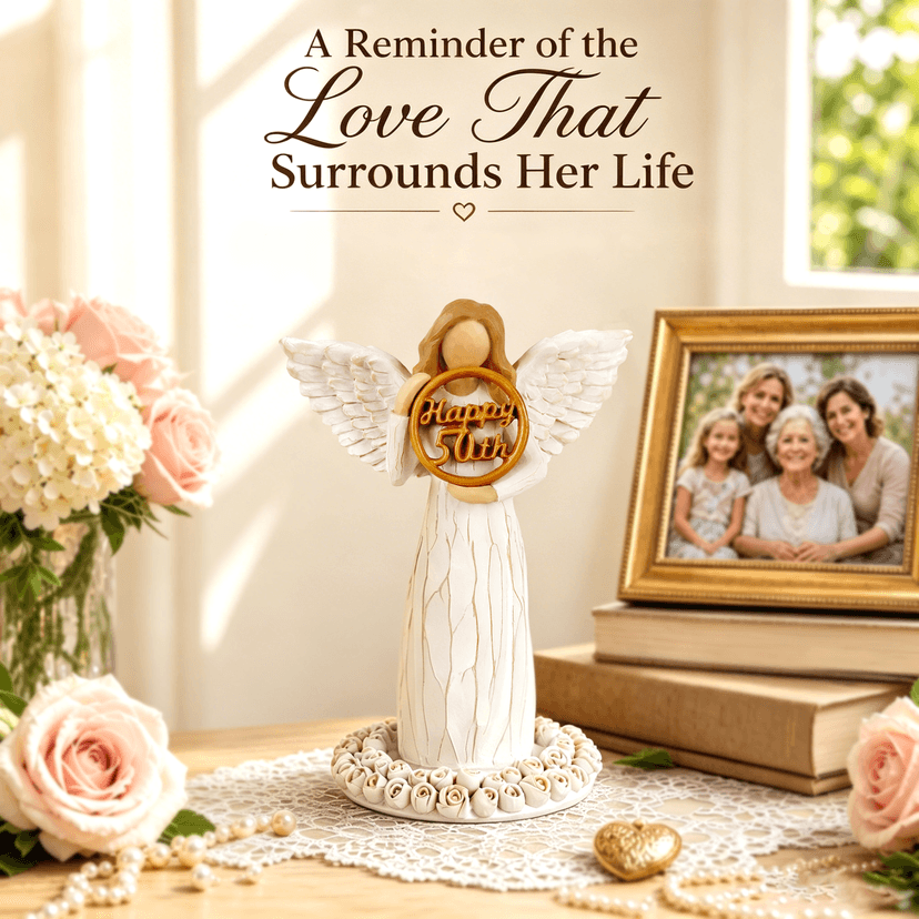 Hand-Painted Resin Angel Figurine with Rose Base, Milestone Birthday Gift for Mom Grandma Wife Sister 50th Birthday Gifts for Women - Replaceable 60th, 70th, 80th Age Plates B0H8CG1828