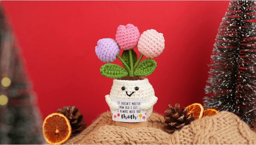 Gifts for Mom from Daughter Son - Cute Christmas, Mothers Day, Birthday Gifts for Moms - 5.51'' x 4.13'' Knitted Positive Tulip Flowers Mom Crochet Doll