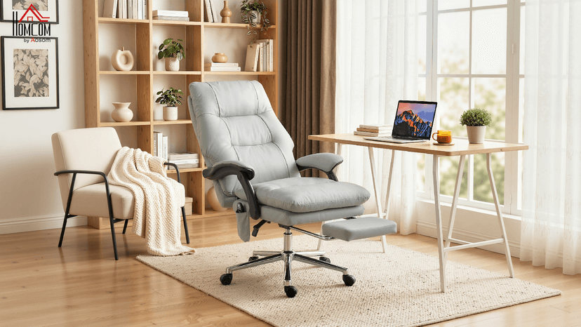 HOMCOM Massage Office Chair with 6-Point Vibration, Pet-Friendly Faux Leather Ergonomic Executive Desk Chair with Double-Layer Spring Cushions, Wide Seat, High Back, Reclining, Footrest, Light Gray