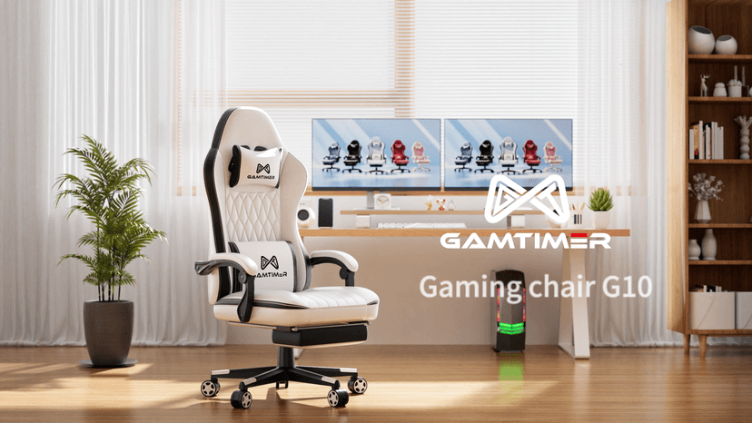 Gamtimer Gaming Chair with Footrest, Ergonomic Computer Chair, PU Breathable Material with Headrest and Lumbar Support, Suitable for Silla Gamer and Adults (White)